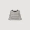 Kurzes gestreiftes T-Shirt mit Perlenbesatz am Kragen