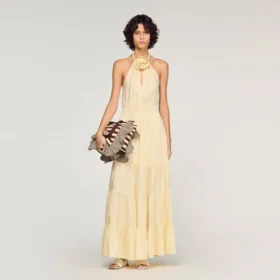 Maxikleid aus Leinen mit Blumenmuster am Ausschnitt