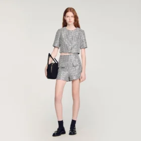 Shorts aus Tweed mit Hahnentrittmuster und Pailletten