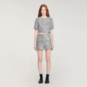 Shorts aus Tweed mit Hahnentrittmuster und Pailletten