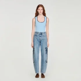 Weite Barrel-Jeans mit Palmenstickerei